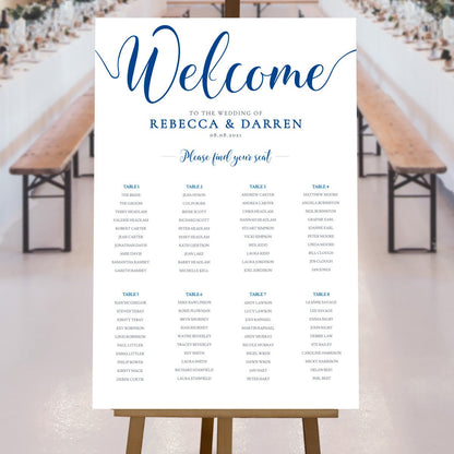 royal blue wedding seating chart at a nautical wedding reception