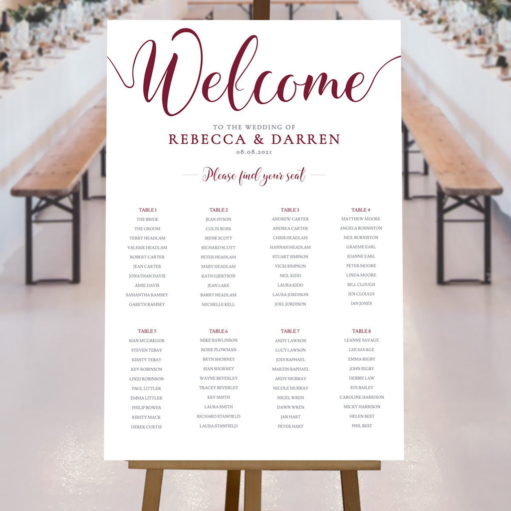 Rustic barn wedding with burgundy seating chart