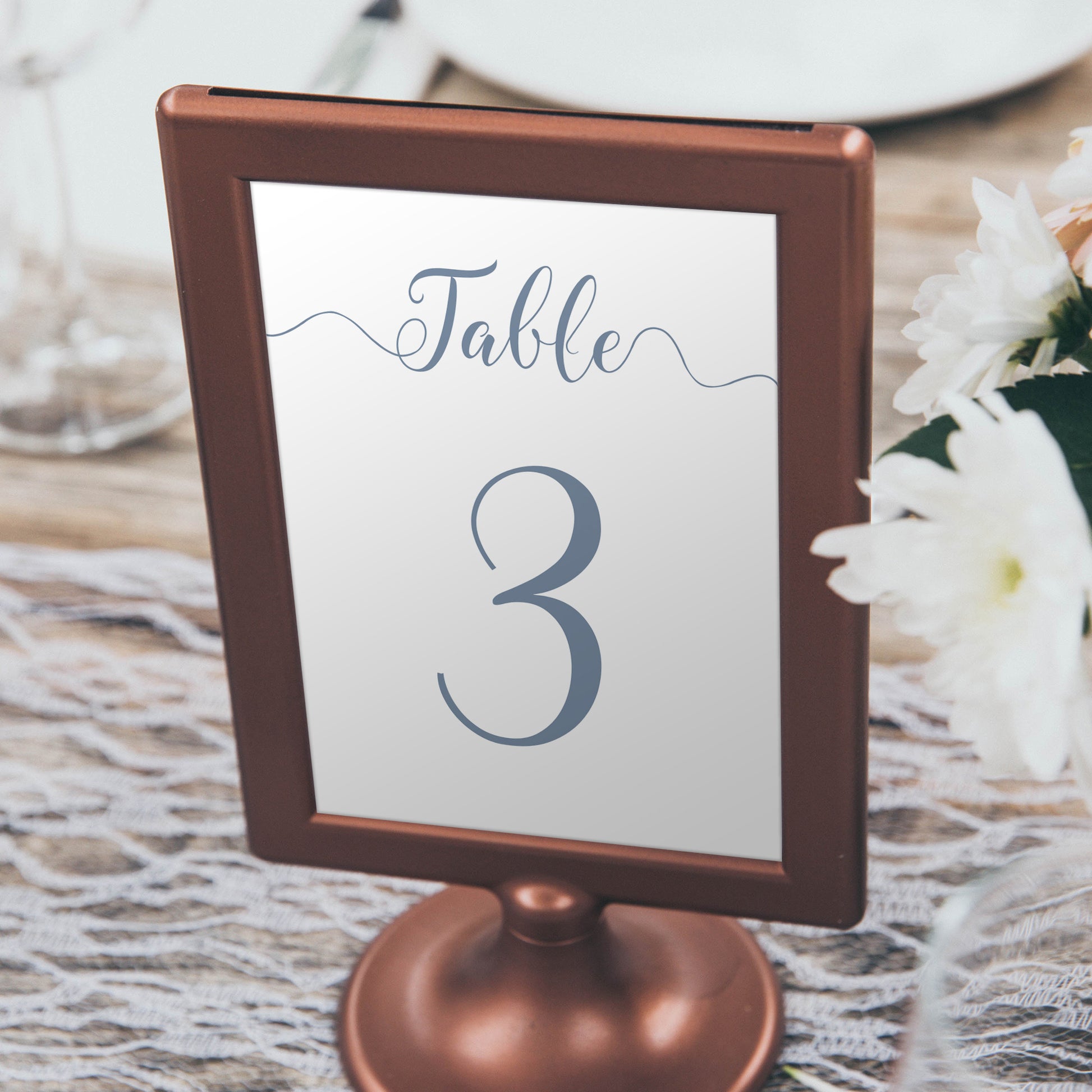 rustic dusty blue wedding table number in a copper frame