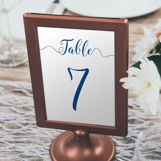 rustic sapphire blue wedding table number in a copper frame