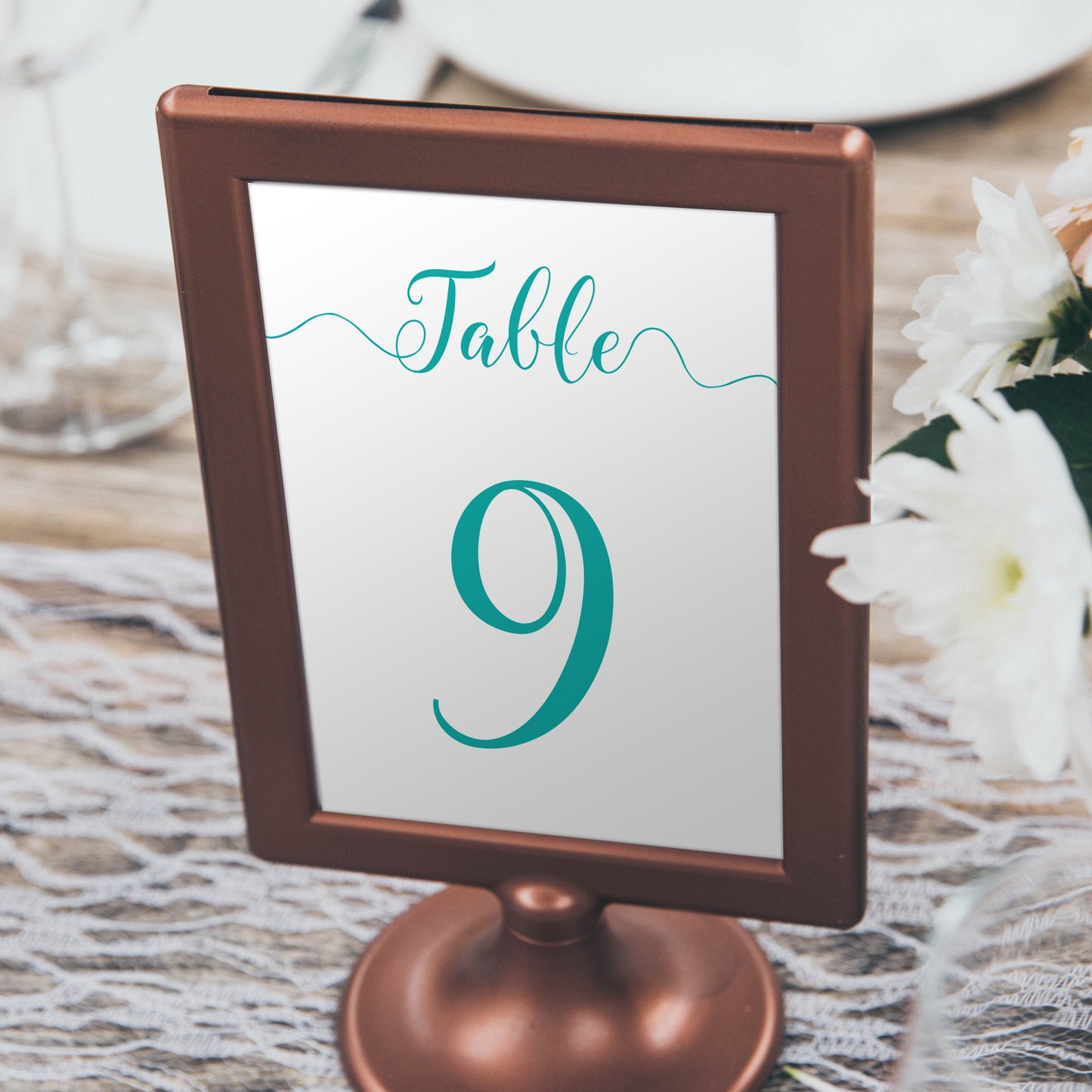 rustic teal wedding table number in a copper frame