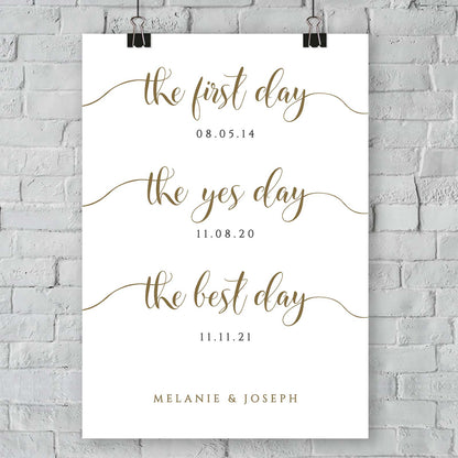 the first day, the yes day, the best day gold personalized wedding sign