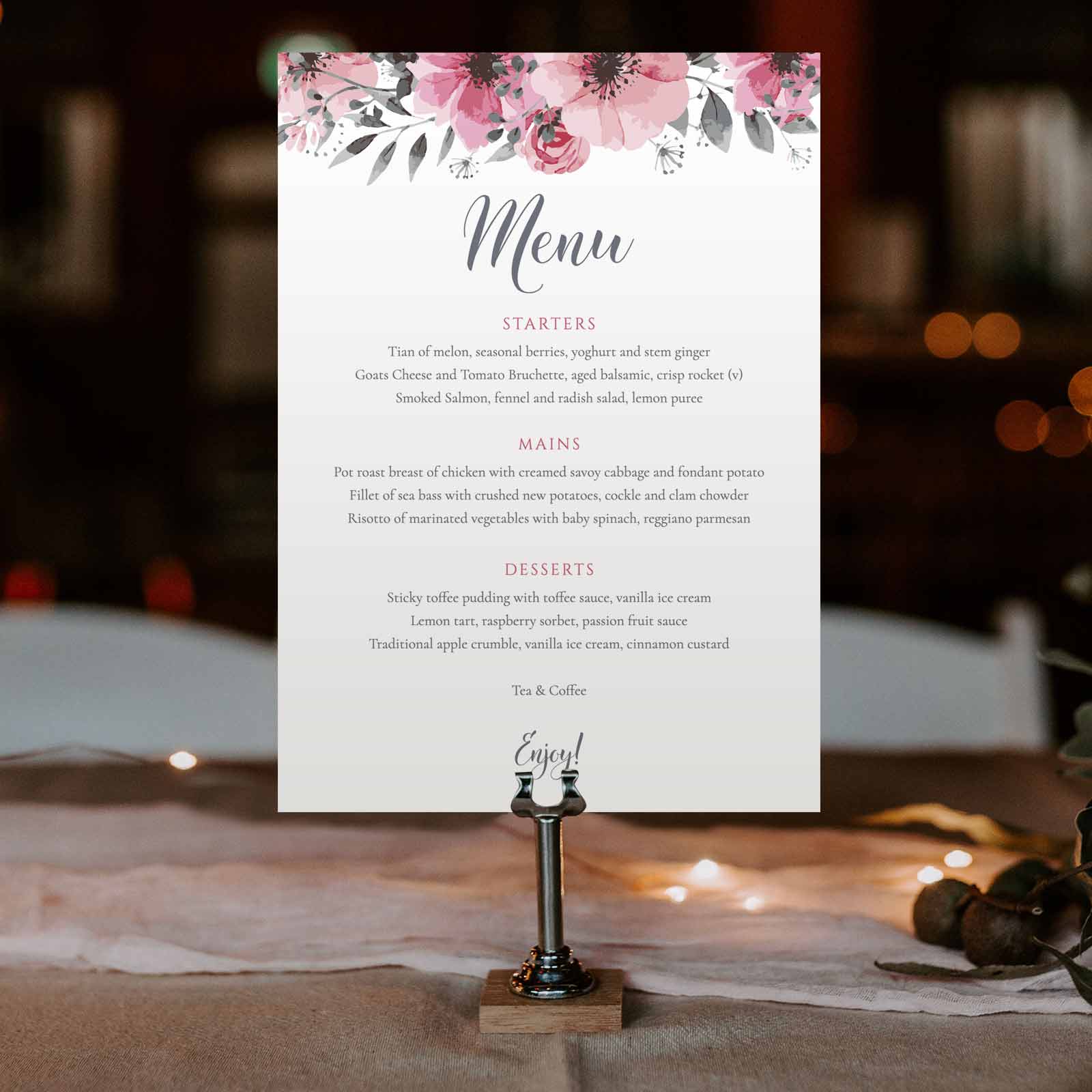 boho wedding dinner menu 3-course meal