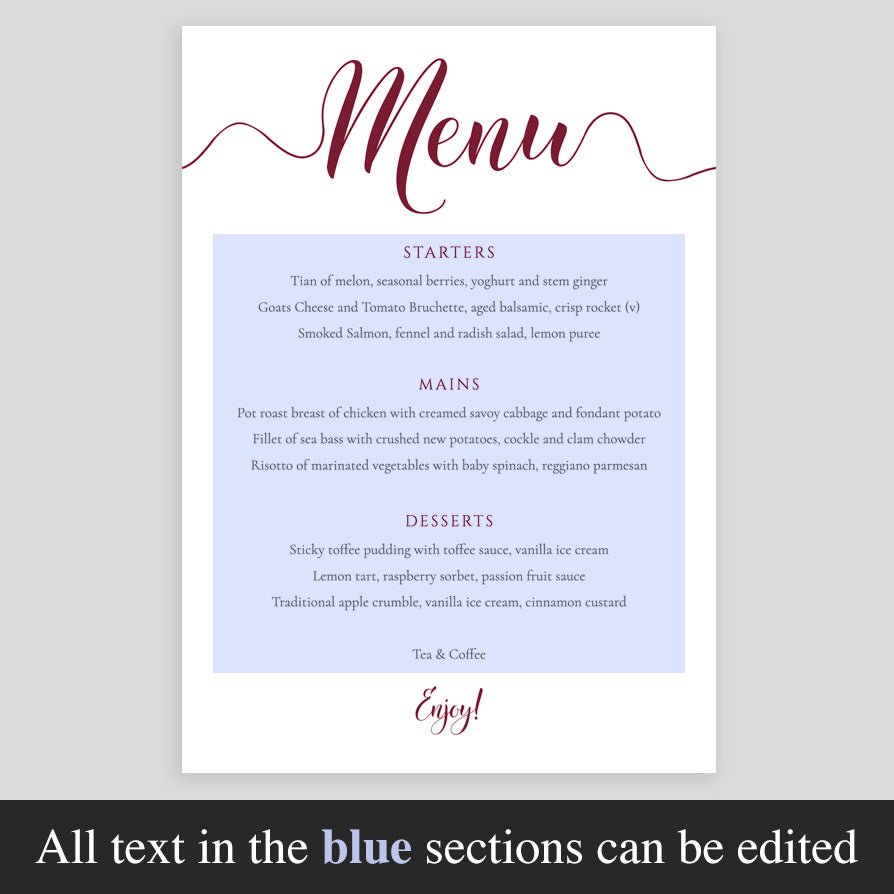 rustic wedding menu template with editable text highlighted