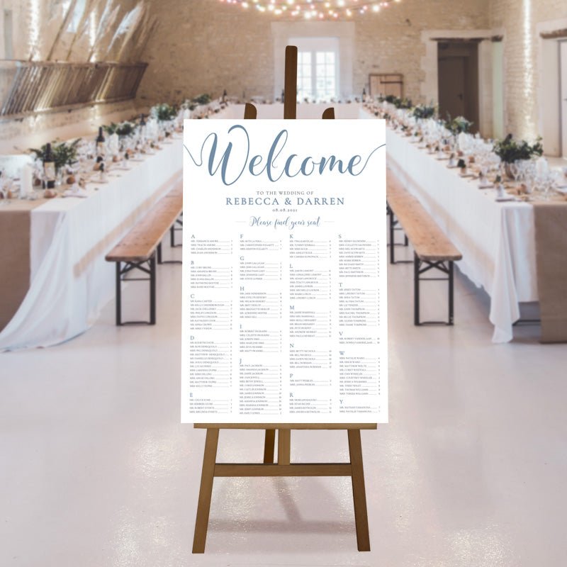 rustic wedding seating chart in dusty blue