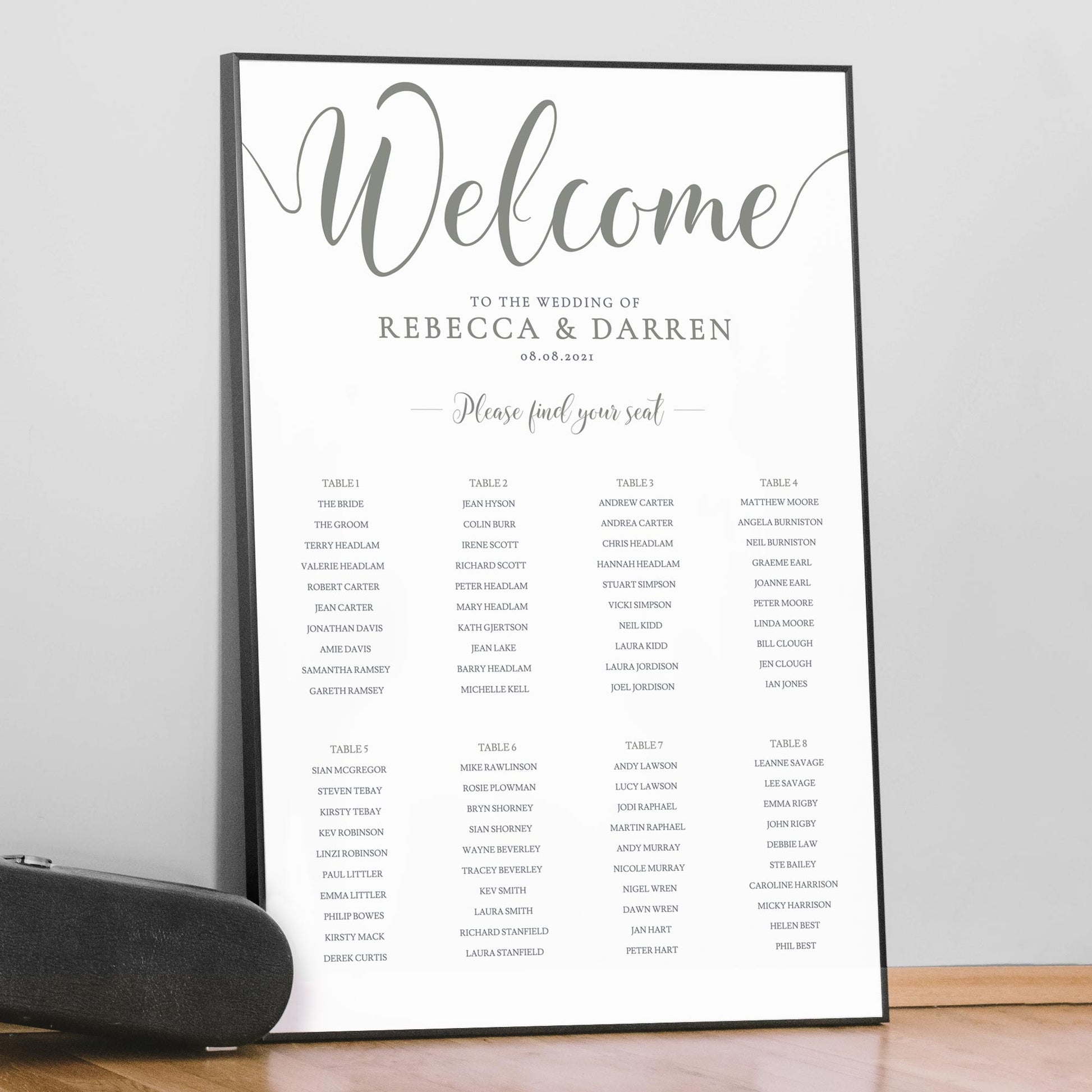 sage green seating chart template with 8 tables
