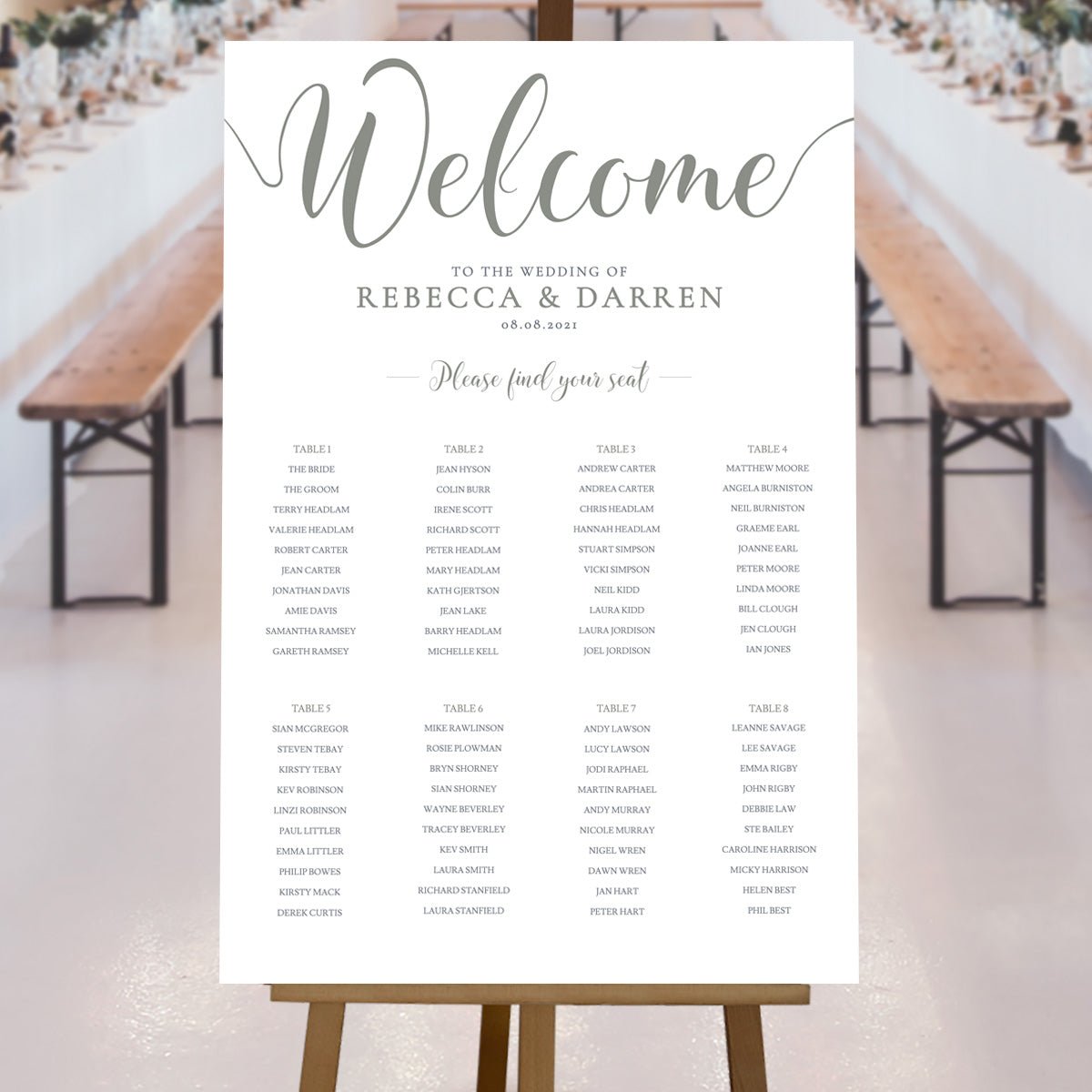 sage green wedding seating plan at rustic wedding reception