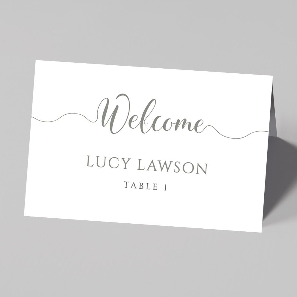 sage green wedding table place card with name and table number