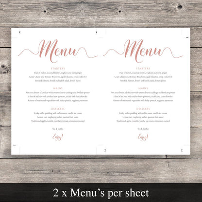salmon pink wedding menu template print two per page