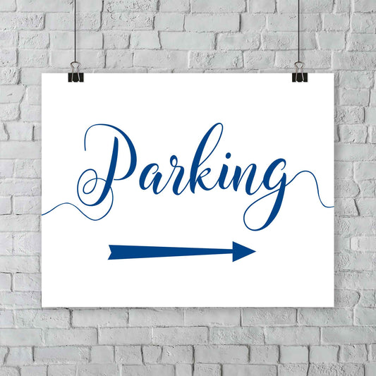 sapphire blue parking lot arrow sign hanging from a wall