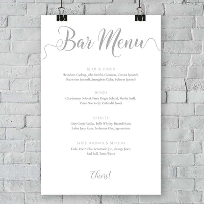 silver bar menu template printed on card mounted on a wall
