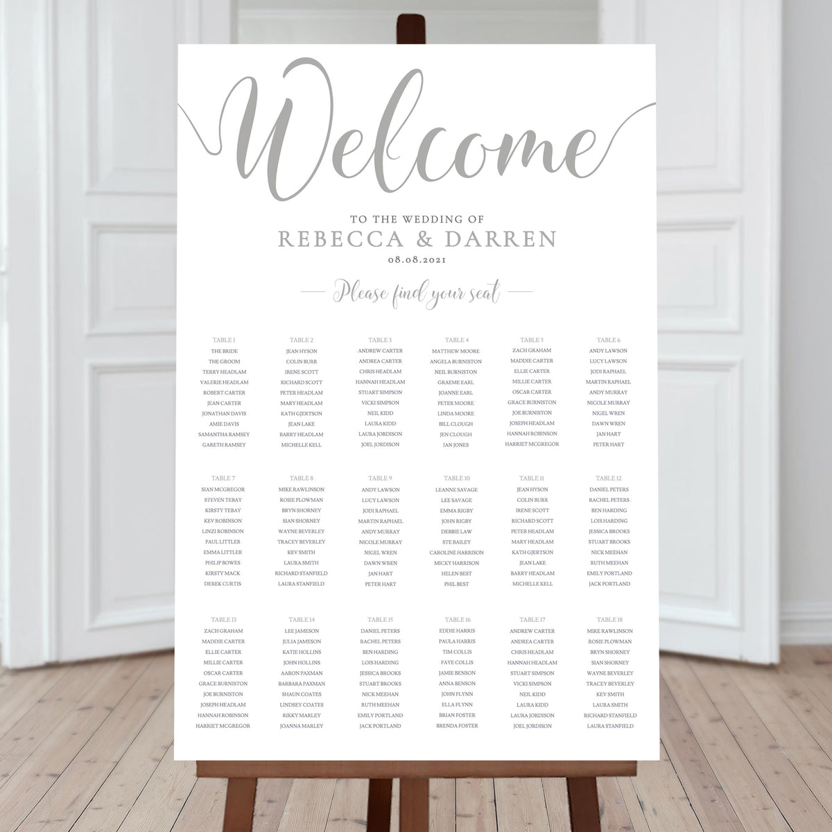 silver find your seat sign with 18 tables