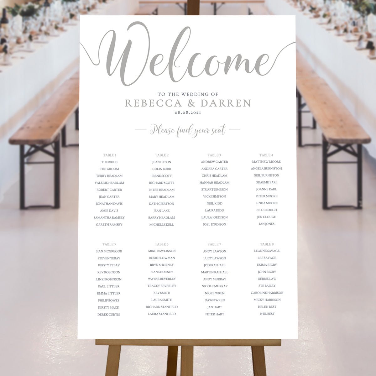 silver seating chart at rustic wedding