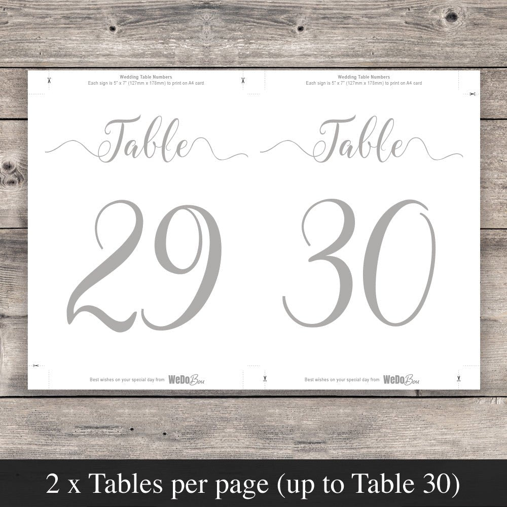 silver table numbers template set up to print 2 per page