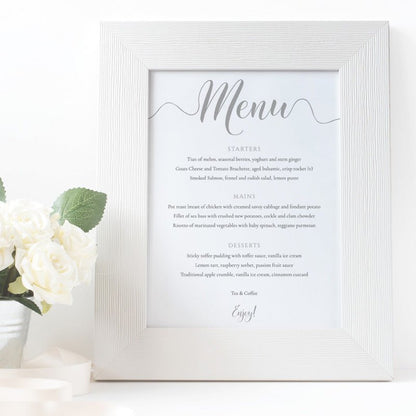 silver wedding menu in a white frame