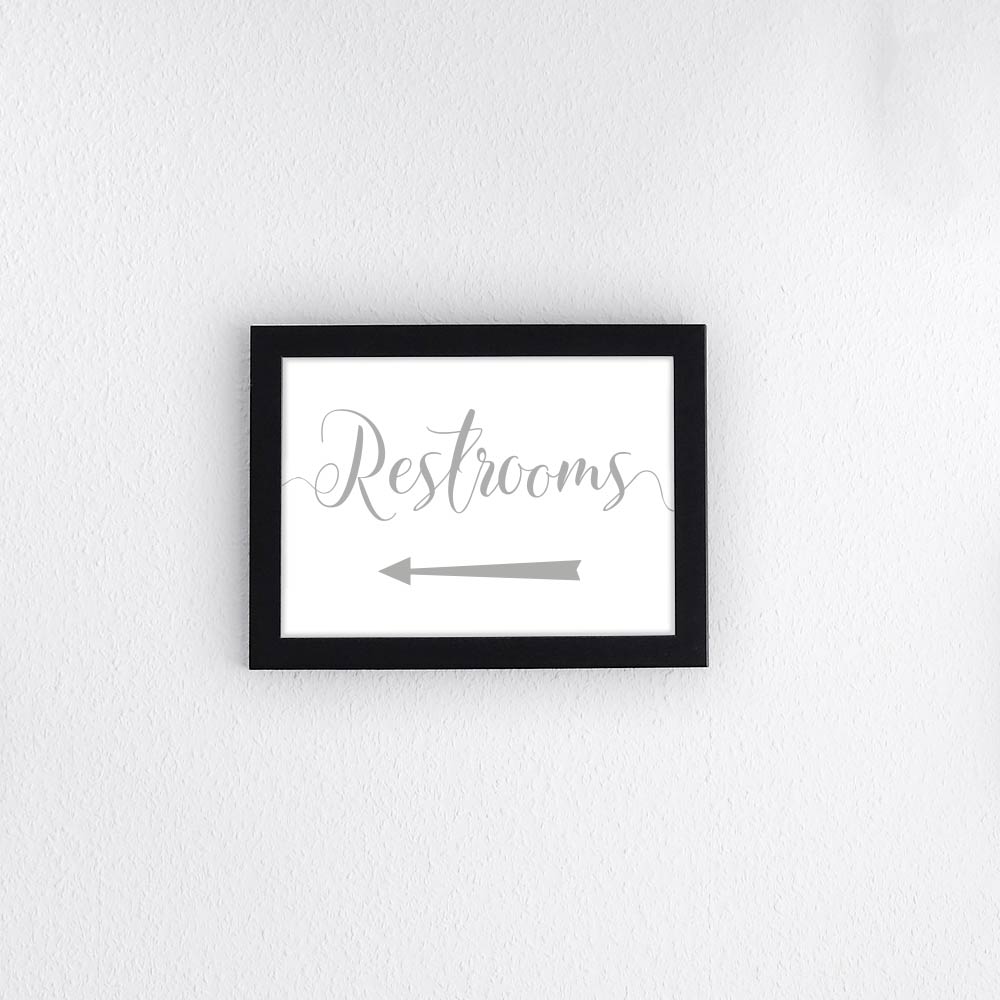 silver wedding restrooms directional arrow sign in a frame
