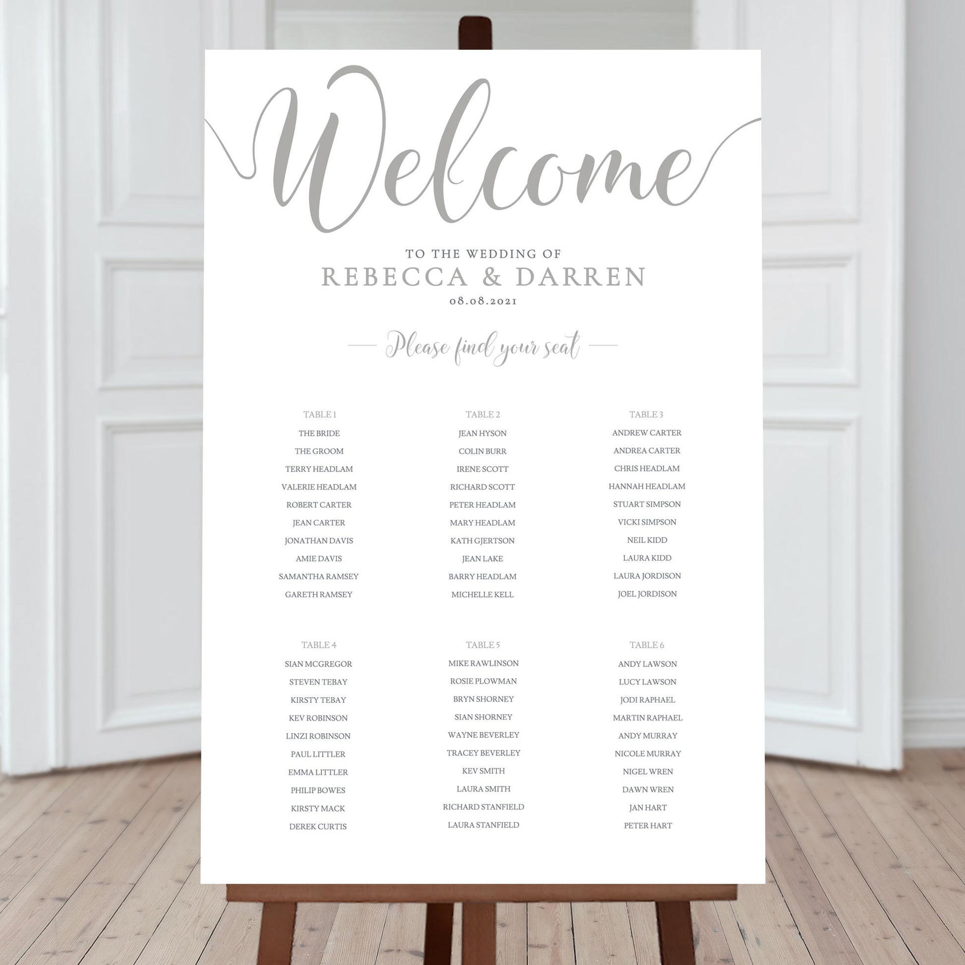 silver wedding table chart with 6 tables