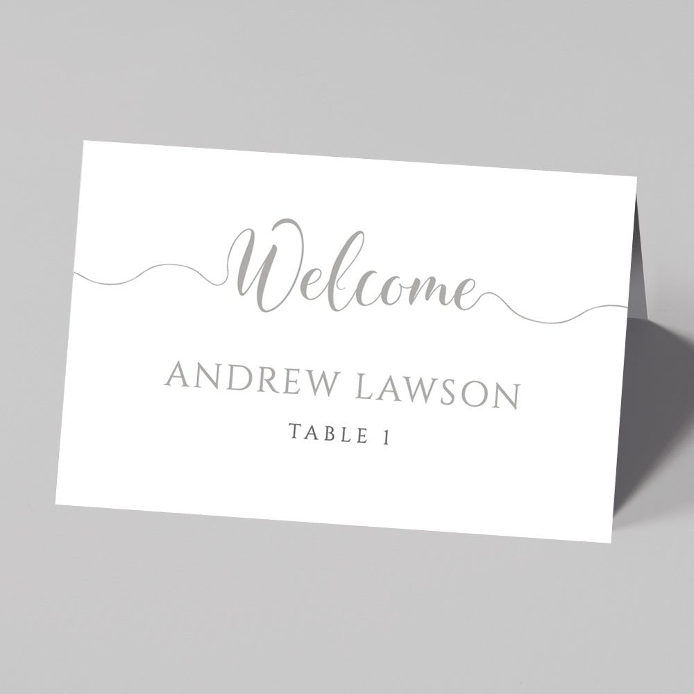 silver wedding table place card with name and table number