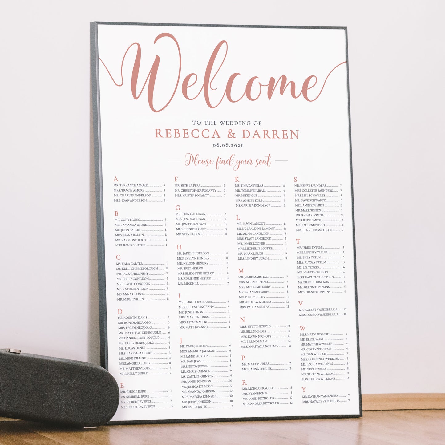 table plan with rose gold text framed print