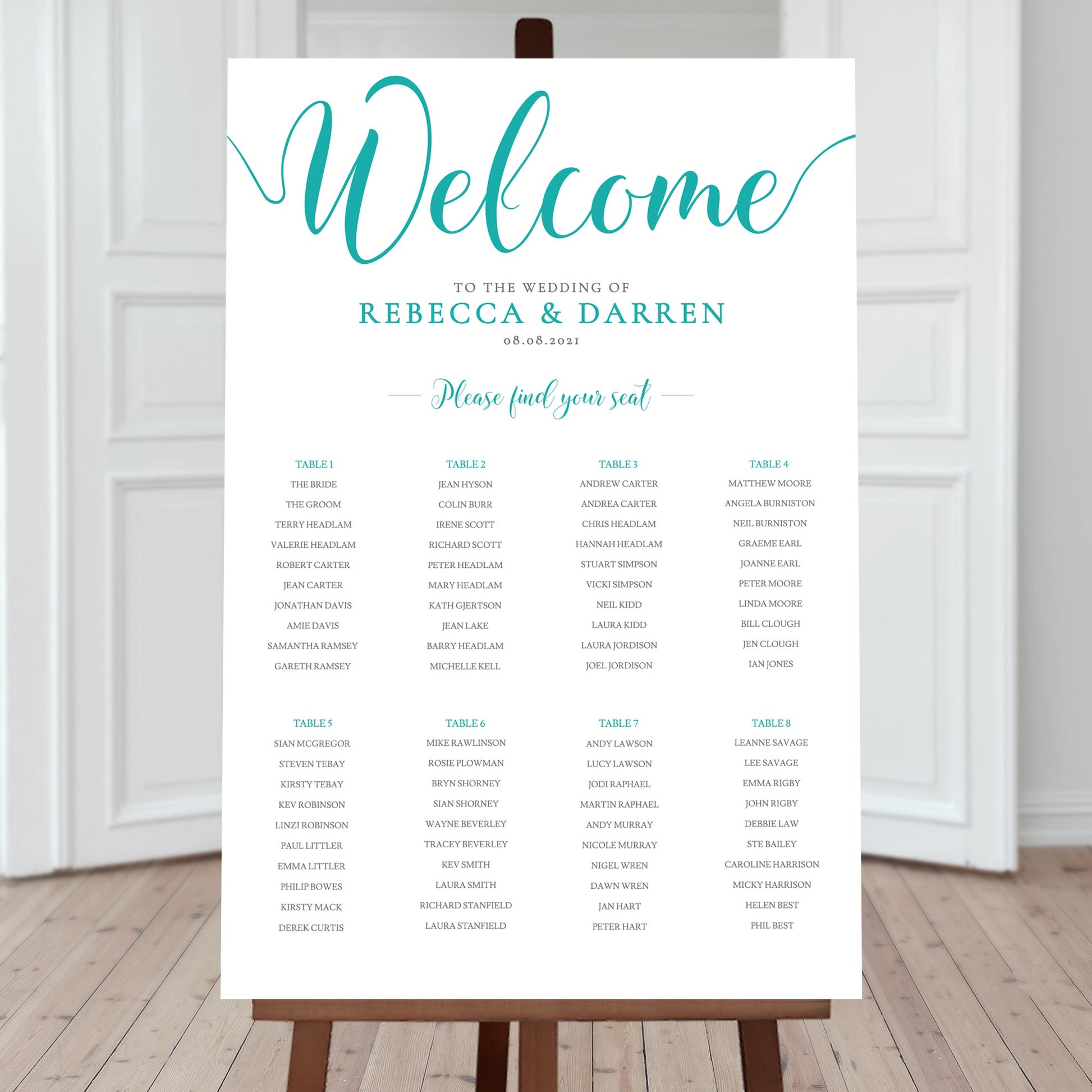 teal wedding seating chart with 8 tables