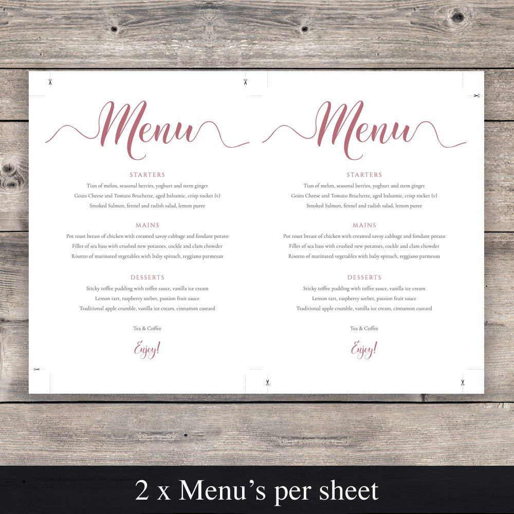 template to print 2 flamingo pink wedding menus per page