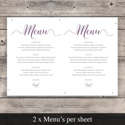 template to print 2 orchid wedding menus per sheet