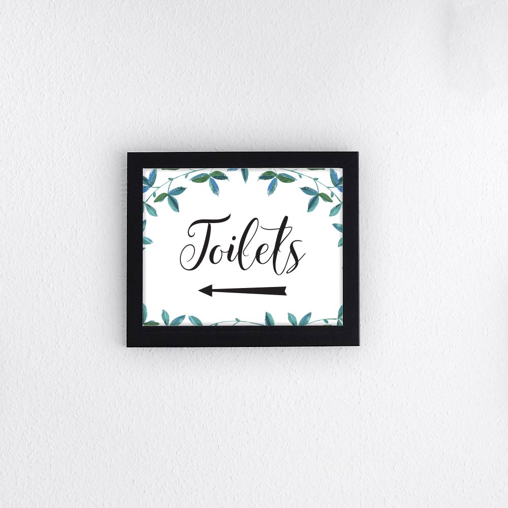A4, A3 or A2 toilets sign with left arrow and eucalyptus design on a black picture frame