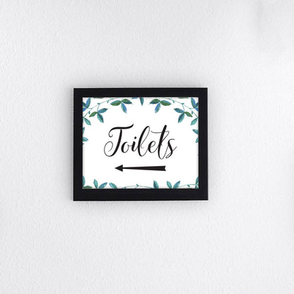 A4, A3 or A2 toilets sign with left arrow and eucalyptus design on a black picture frame