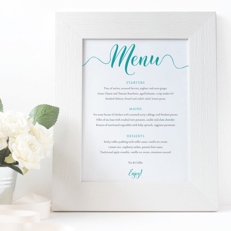 turquoise wedding menu in a white frame