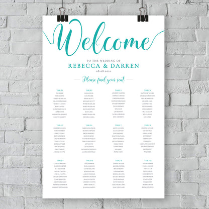 turquoise wedding seating chart against outside wall