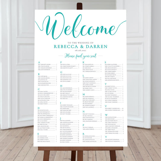 turquoise a-z seating plan template for 170 guests