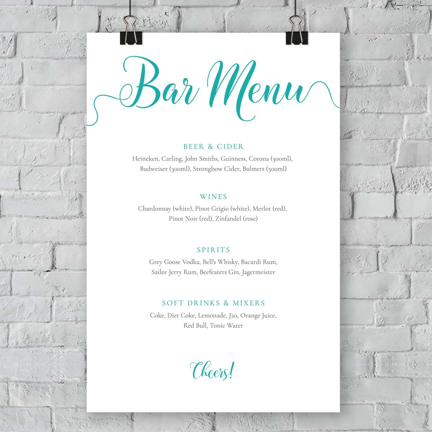 turquoise bar menu template printed on card mounted on a wall