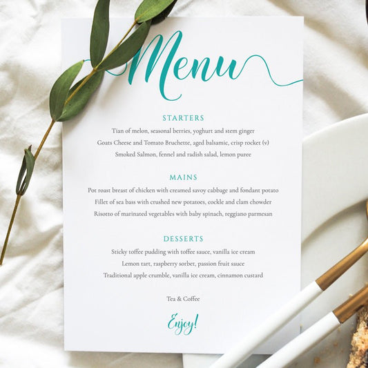 turquoise menu card on a wedding table