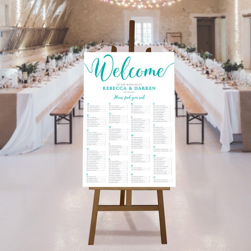 turquoise seating chart at wedding