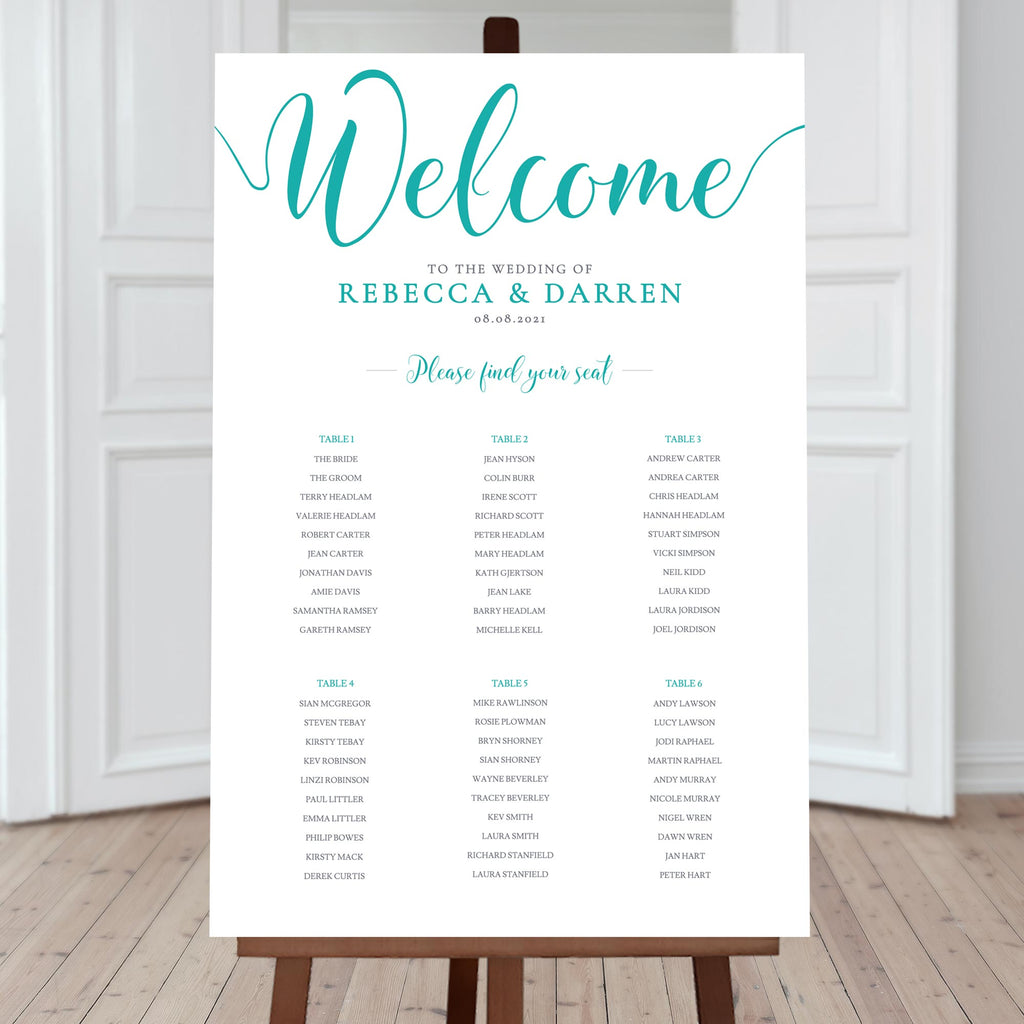 turquoise seating chart with 6 tables