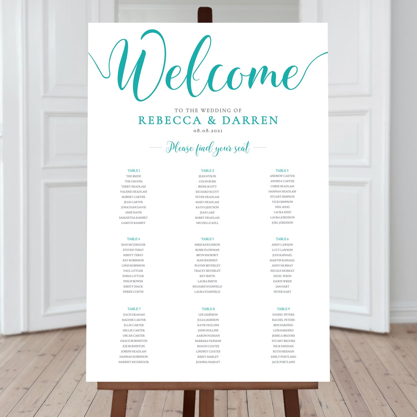 turquoise seating chart with 9 tables