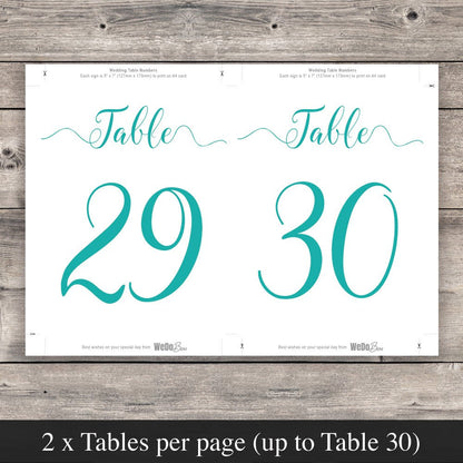 turquoise table numbers template set up to print 2 per page
