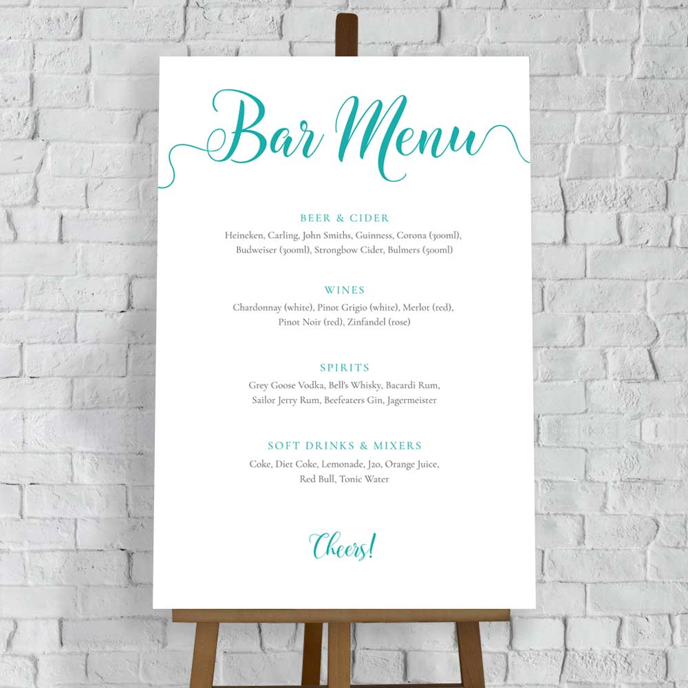 turquoise wedding bar menu printed on white foam board