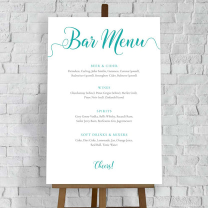 turquoise wedding bar menu printed on white foam board