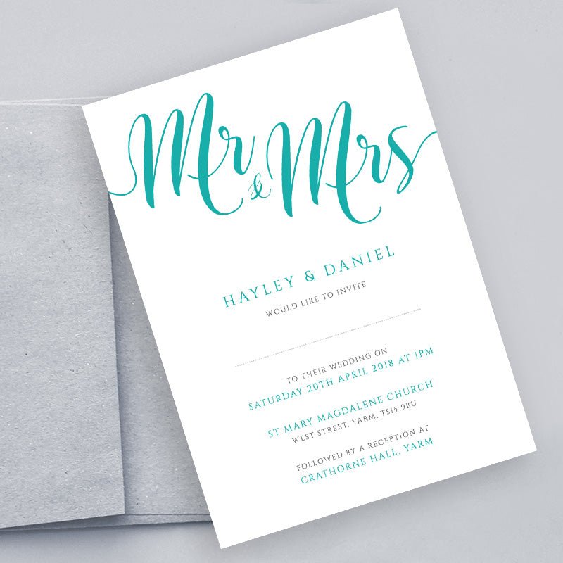 turquoise wedding invitation set with envelope