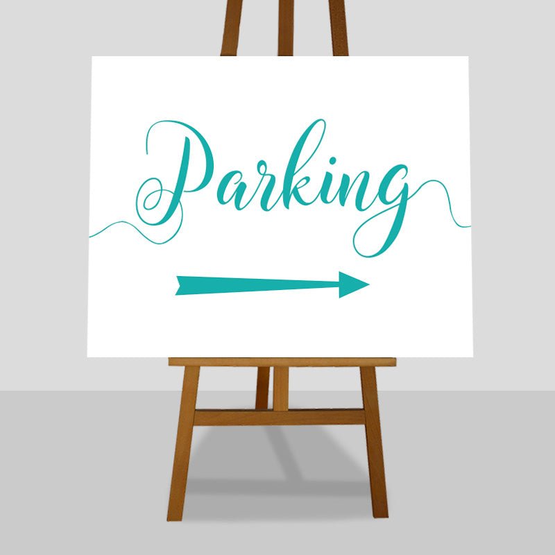 turquoise wedding parking arrow sign on an easel