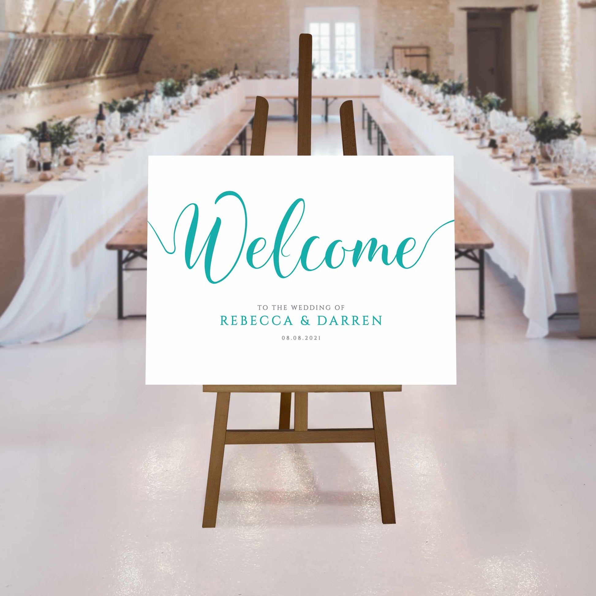 turquoise wedding reception welcome sign