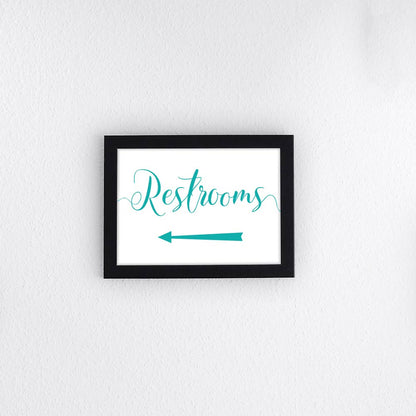 turquoise wedding restrooms directional arrow sign in a frame