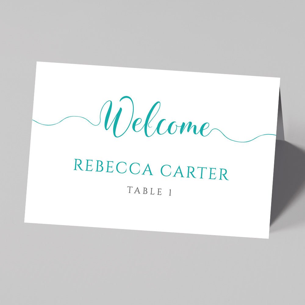turquoise wedding table place card with name and table number