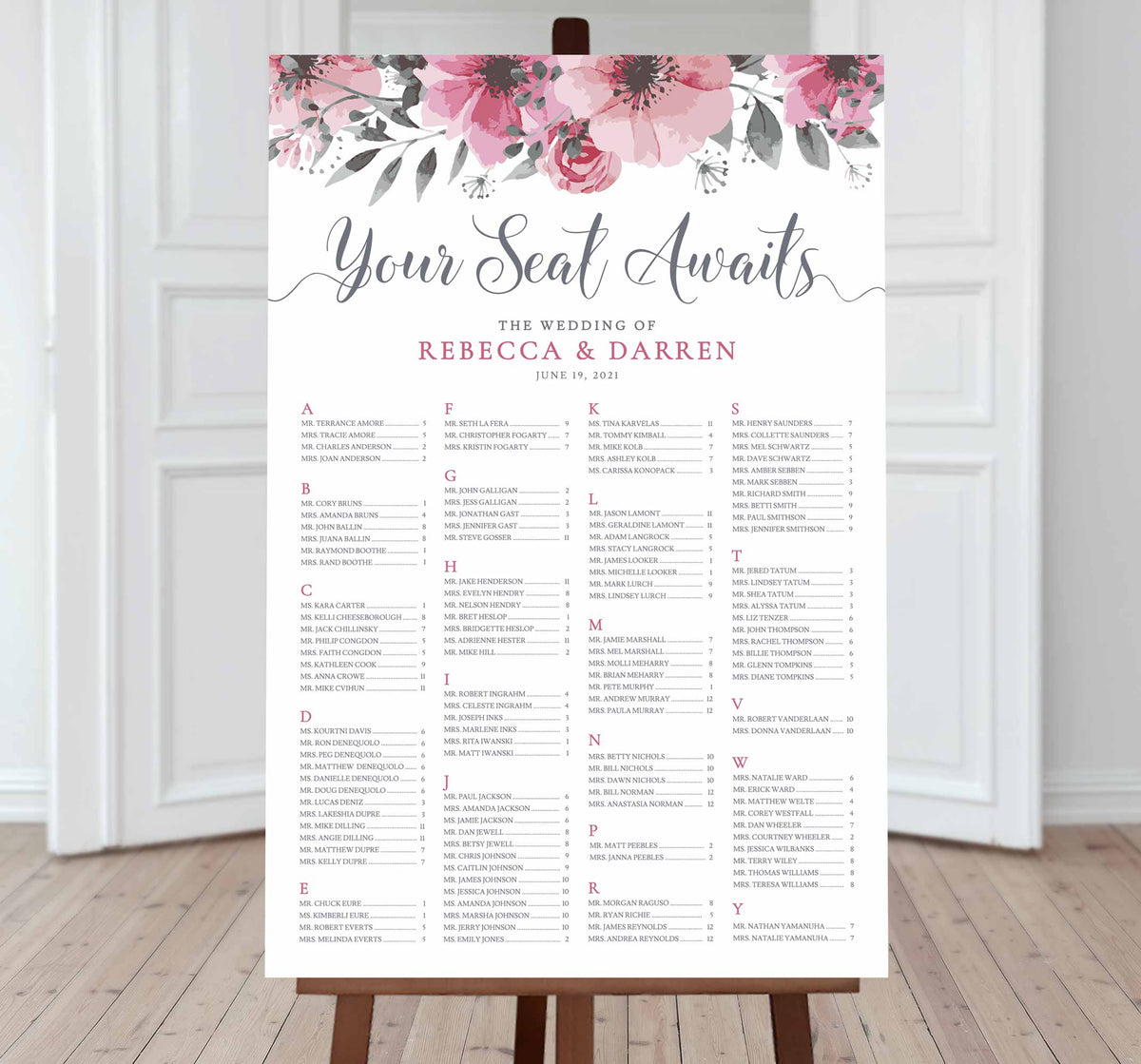 large wedding flowers alphabetical seating chart with 200 guests