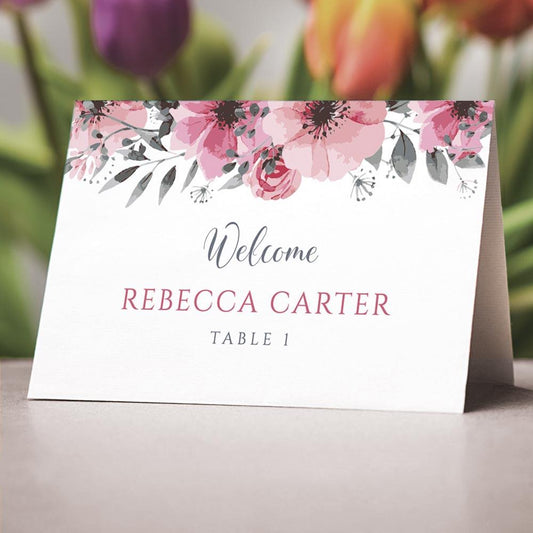 boho wedding table with floral folded name card with 