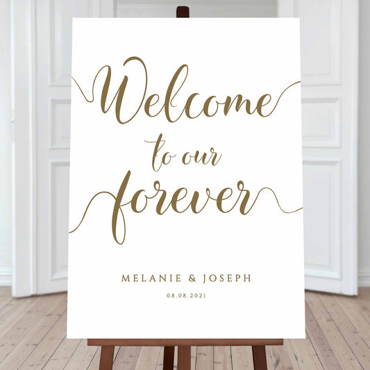 welcome to our forever personalised wedding sign in gold