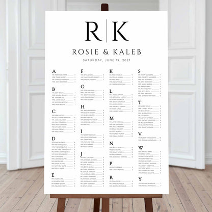 welcome wedding seating chart black alphabetical bride and groom initials
