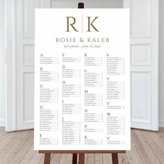 welcome wedding seating chart gold alphabetical bride and groom initials