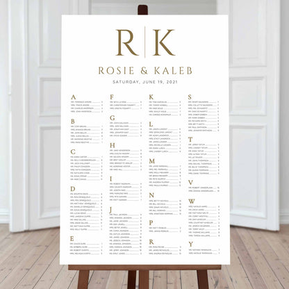 welcome wedding seating chart gold alphabetical bride and groom initials
